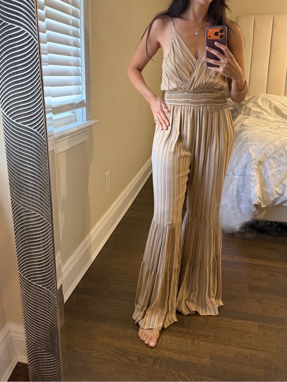 Striped Beige Wide-Leg Jumpsuit with Smocked Waist